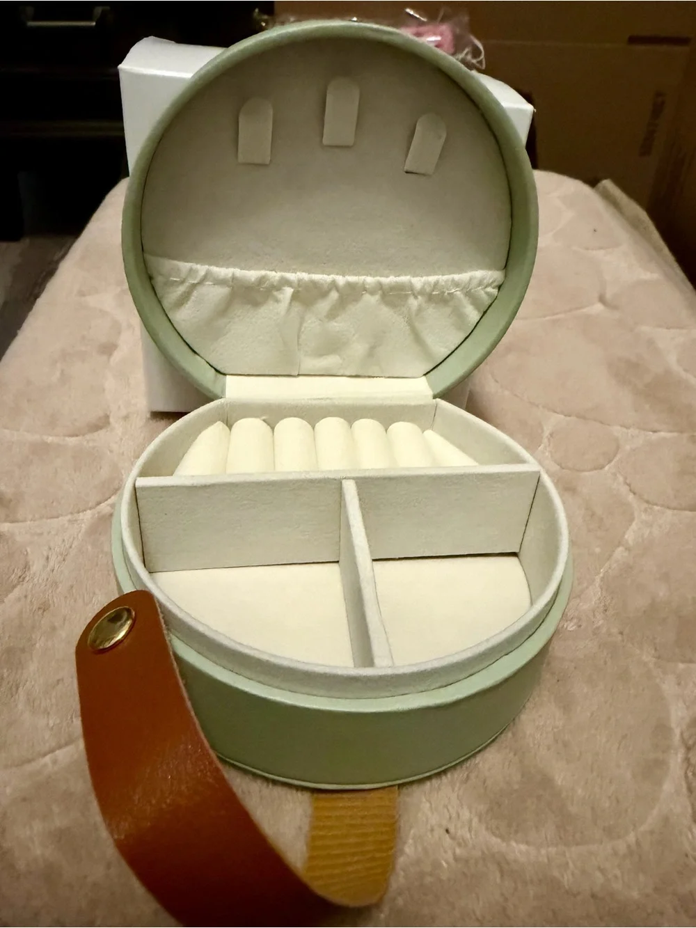 Mini Round Jewelry Box in Sage Green with Faux Leather Handle - NEW